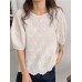 Embroidered Round Neck Puff Sleeve Casual Blouse