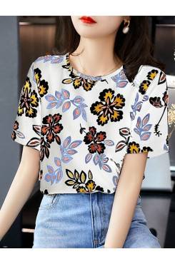 Plant Print Round Neck Short Sleeve Casual Blouse