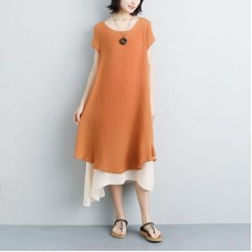 fashion linen sundress plus size False Two-piece Short Sleeve Orange Plain Dress