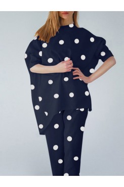 Polka Dot Irregular Hem Elastic Waist Casual Suit