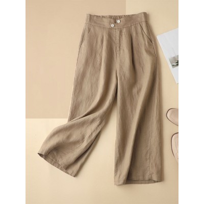 Solid Pocket Zip Front Elastic Waist Straight Leg Pants