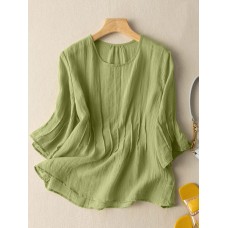 Solid Crew Neck Casual Women 3 4 Sleeve Blouse