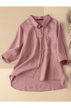 Cotton Solid Button Pocket High  Low Hem Casual Shirt