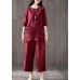 French red cotton clothes For Women Fitted linen wide leg pants two pieces Maxi o neck Chinese Button tops