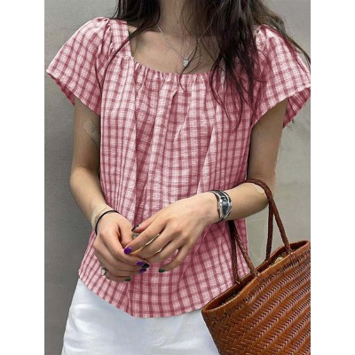 Plaid Square Collar Short Sleeve Casual Blouse