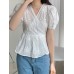 Cotton Flower Print Knotted Short Sleeve V Neck Blouse