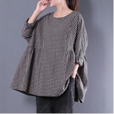 fine cotton blended blouses oversized Casual Round Neck Long Sleeve Spring Lattice Shirt