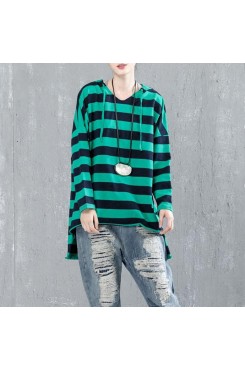 fine cotton blouse Loose fitting Casual Bat Sleeve Hooded Stripe Shirt