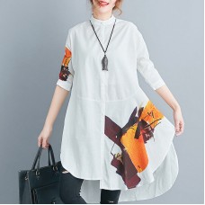 stylish white cotton linen shift plus size tops casual Half sleeve print Stand natural cotton linen tops