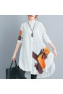 stylish white cotton linen shift plus size tops casual Half sleeve print Stand natural cotton linen tops